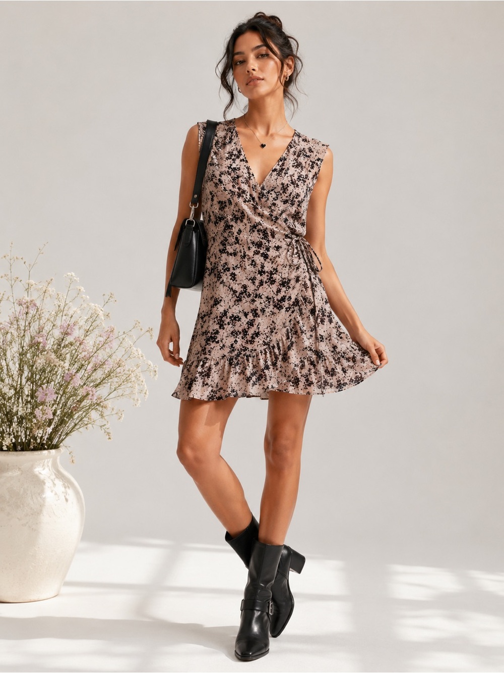 AllSaints Priya Petal Dress Large Blush Floral Wrap Mini Ruffle Boho Romantic
